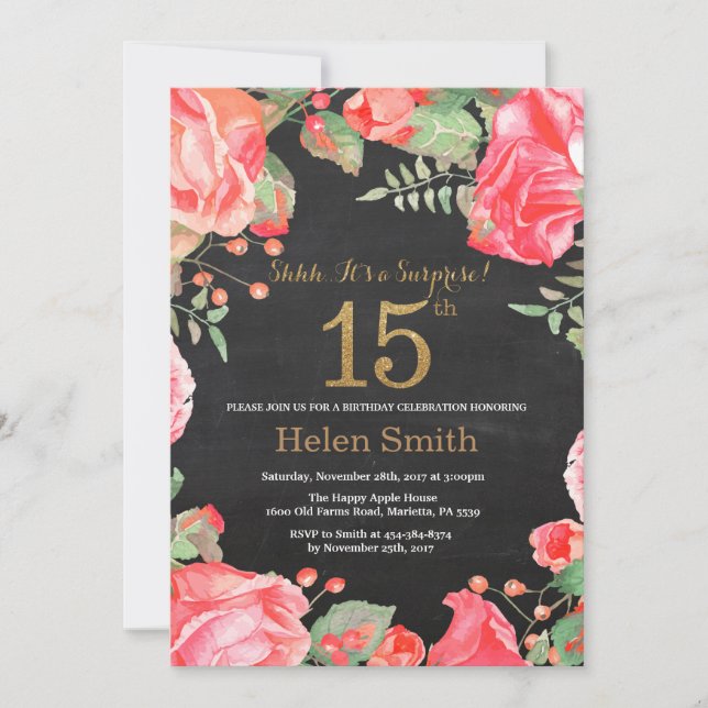 Invitation Red Floral Surprise 15e anniversaire Parties scint (Devant)