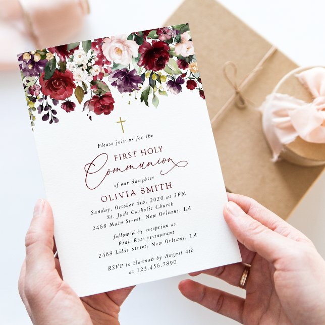 Invitation Red Flowers, Pink Flowers, First Holy Communion (Créateur téléchargé)