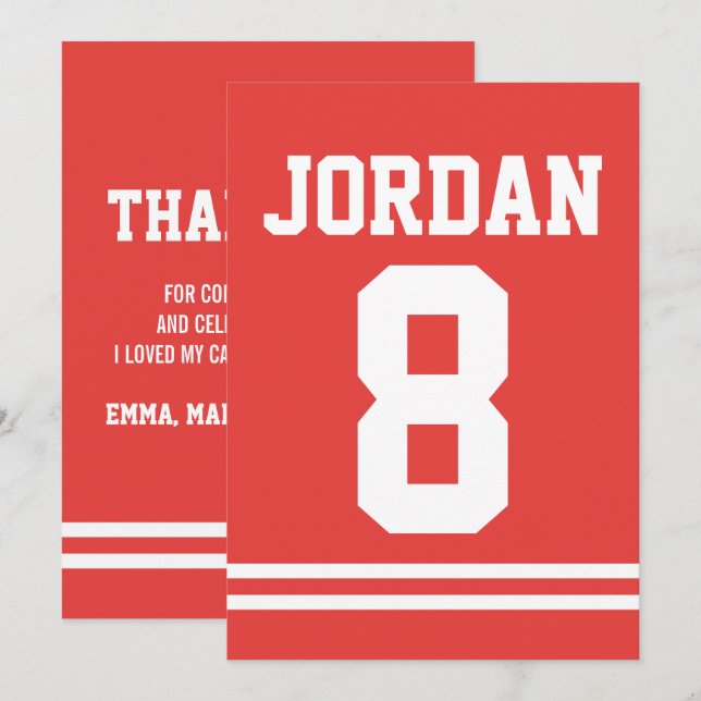 Invitation Red Football Jersey Sports Theme Party Merci (Devant / Derrière)