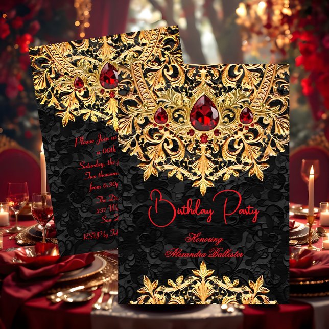 Invitation Red Gems Gold Black Lace Damask Birthday Party (Créateur téléchargé)