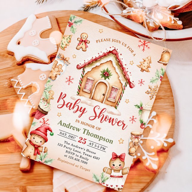 Invitation Red Gingerbread House Christmas Baby Shower (Créateur téléchargé)