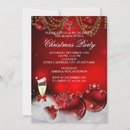 Invitation Red Gold Baubles Champagne Noël