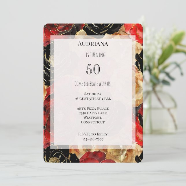 Invitation Red Gold Black Floral 50e anniversaire (Debout devant)