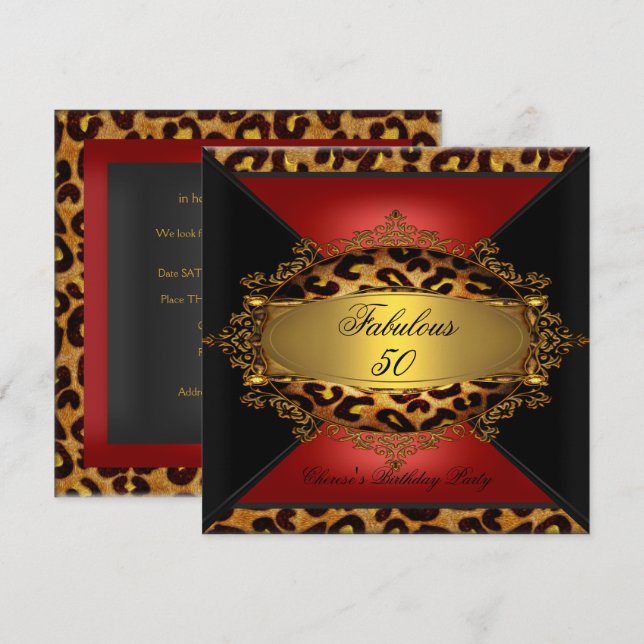 Invitation Red Gold Black Leopard fête d'anniversaire 50e 50  (Devant / Derrière)
