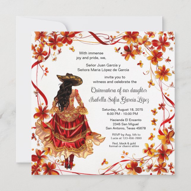 Invitation Red Gold Charra Quinceanera (Devant)