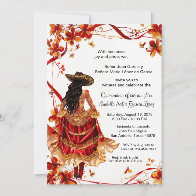 Invitation Red Gold Charra Quinceanera (Devant)
