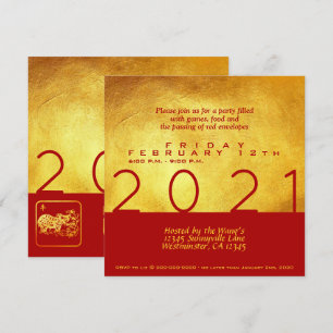 Invitation Red Gold Chinese Ox coupé en papier Partie 2021 In