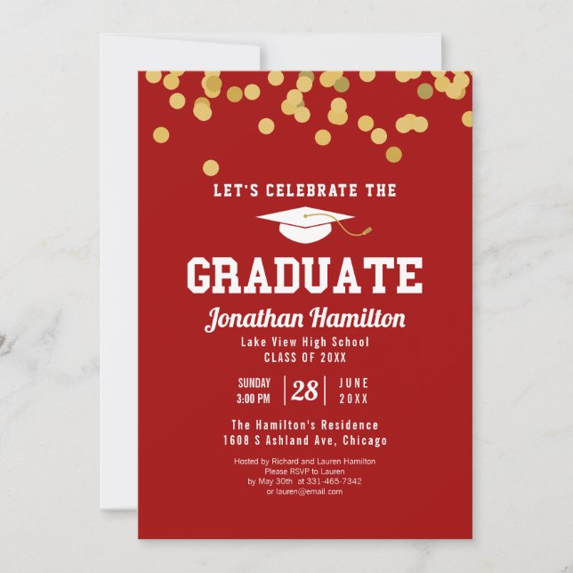 Invitation Red Gold Confetti High School Graduation Party (Devant)