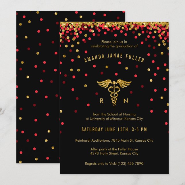 Invitation Red & Gold Confetti Infirmière (Devant / Derrière)