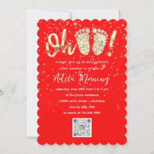 Invitation Red Gold Confetti Pieds bébé garçon fille QR CODE