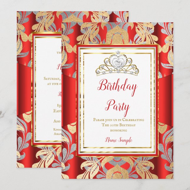 Invitation RED Gold Damask Grey Tiara fête d'anniversaire (Devant / Derrière)