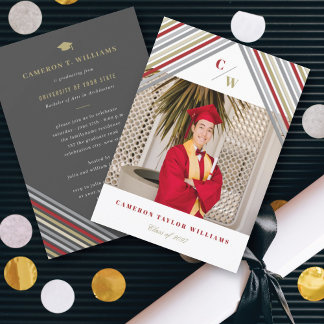 Invitation Red Gold Diagonal Stripes Moderne Graduation Party