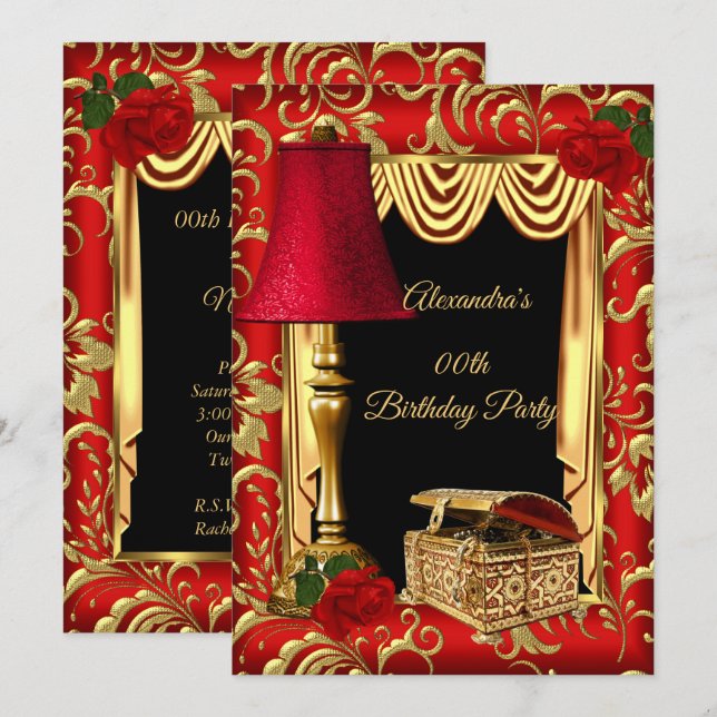 Invitation Red Gold Drapes Rose boîte à lampe fête d'annivers (Devant / Derrière)