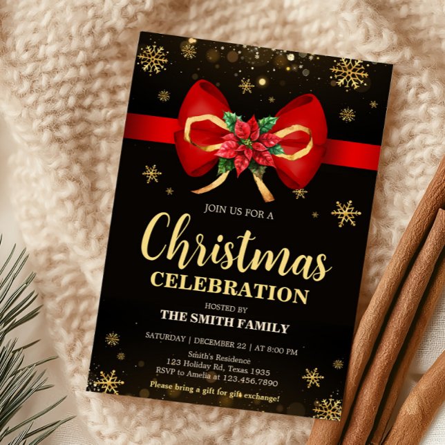 Invitation Red Gold Elegant Bow Fête de Noël (Elegant Bow Holiday Christmas Party Invitation)