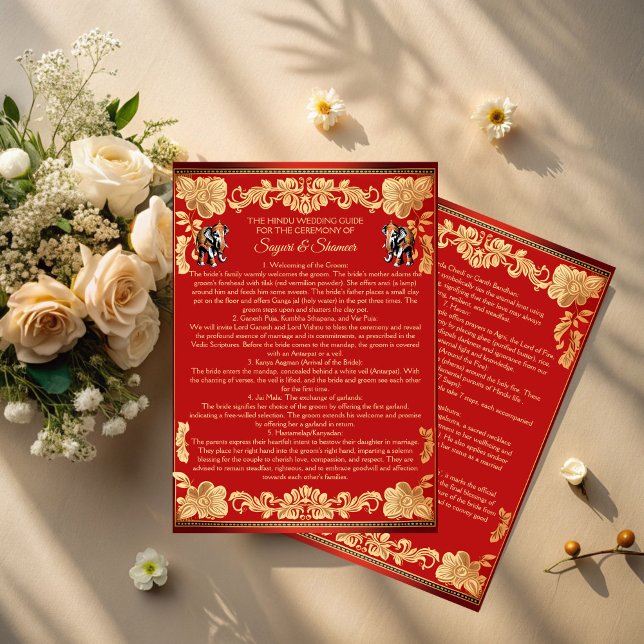 Invitation Red gold elephants Indian wedding rituals program (Red gold elephants Indian wedding rituals program editable template instant download)
