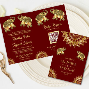 Invitation Red Gold Ethnic Elephants Indian QR Code Mariage