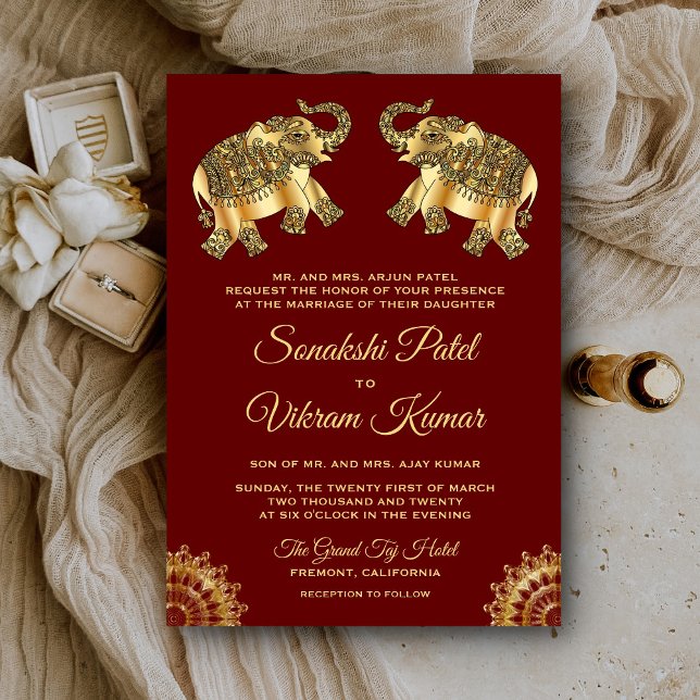 Invitation Red Gold Ethnic Elephants Indian Wedding Invitatio (Créateur téléchargé)