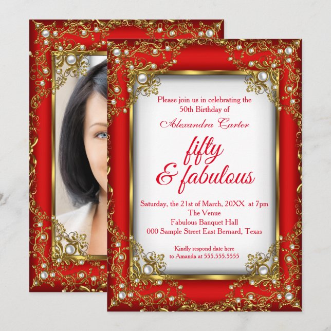 Invitation Red Gold Fabulous 50 Photo Pearl fête d'anniversai (Devant / Derrière)