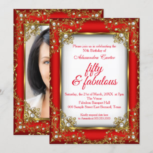Invitation Red Gold Fabulous 50 Photo Pearl fête d'anniversai