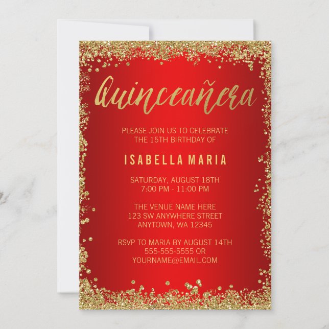 Invitation Red Gold Faux Parties scintillant Quinceanera 15e  (Devant)