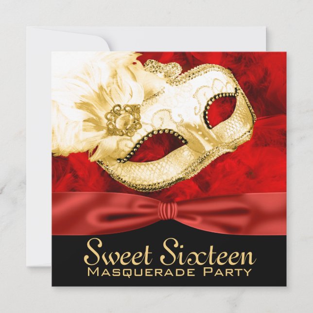 Invitation Red Gold Feather Sweet 16 Masquerade Party (Devant)