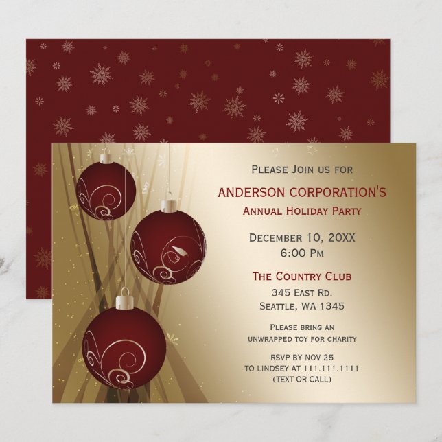 Invitation Red Gold Festive Corporate fête de vacances (Devant / Derrière)