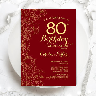 Invitation Red Gold Floral 80e fête d'anniversaire