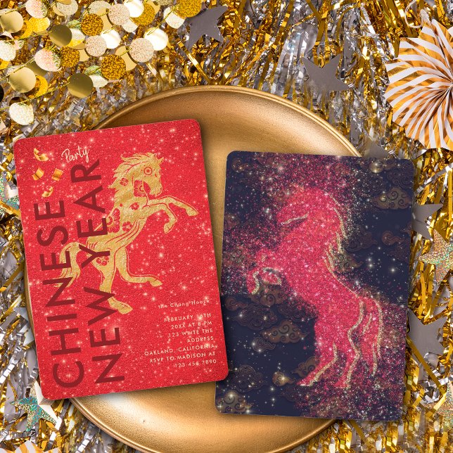 Invitation Red Gold Glitter Horse Lunar New Year Party (Créateur téléchargé)