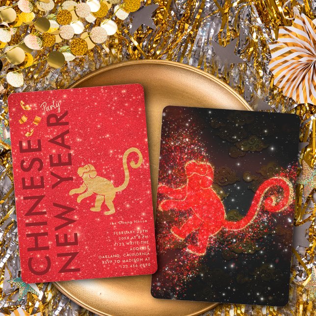 Invitation Red Gold Glitter Monkey Lunar New Year Party (Créateur téléchargé)