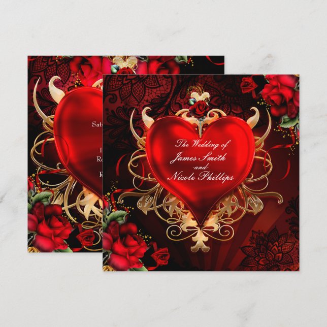 Invitation Red & Gold Gothique Love Romance Mariage de coeur (Devant / Derrière)