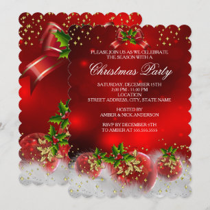 Invitation Red Gold Green Holly Fête de Noël blanche neige
