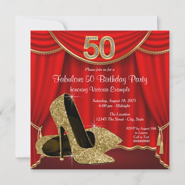 Invitation Red Gold High Heels 50e fête d'anniversaire (Devant)