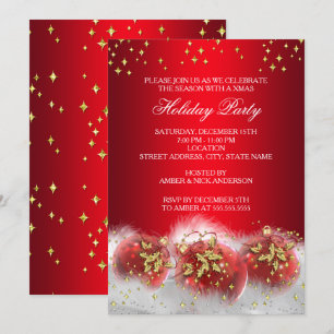 Invitation Red Gold Holly Baubles Noël Fête de Noël