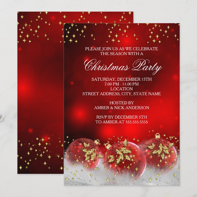 Invitation Red Gold Holly Baubles Noël Fête de Noël (Devant / Derrière)