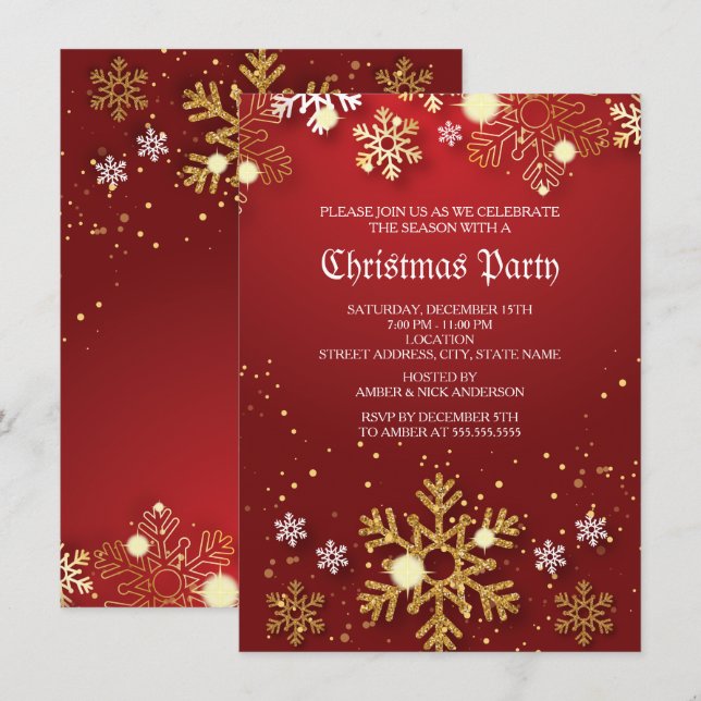 Invitation Red Gold Holly Baubles Noël Fête de Noël (Devant / Derrière)