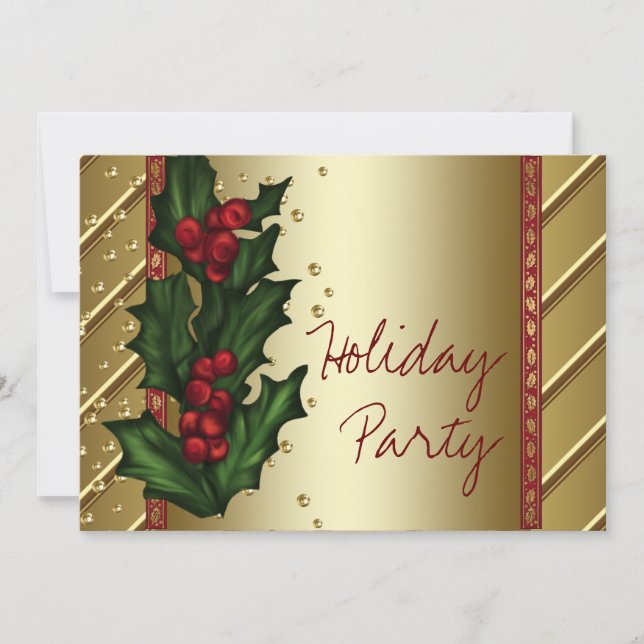 Invitation Red Gold Holly Corporate Holiday Party (Devant)