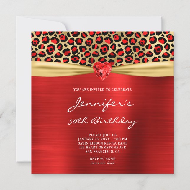 Invitation Red Gold Leopard Foil Gemstone Heart 50e anniversa (Devant)