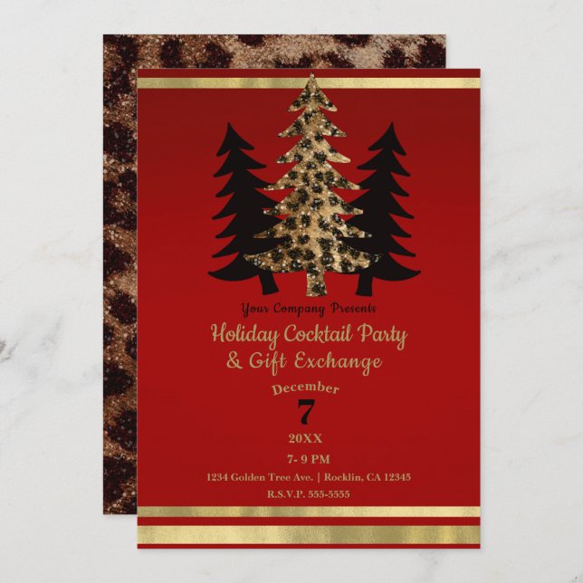 Invitation Red Gold Leopard Glam Christmas Tree Party (Devant / Derrière)