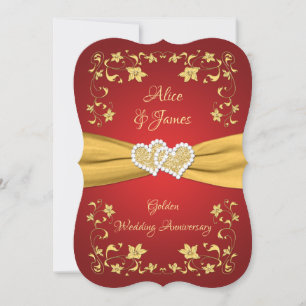 Invitation Red, Gold Love Hearts 50e anniversaire Mariage
