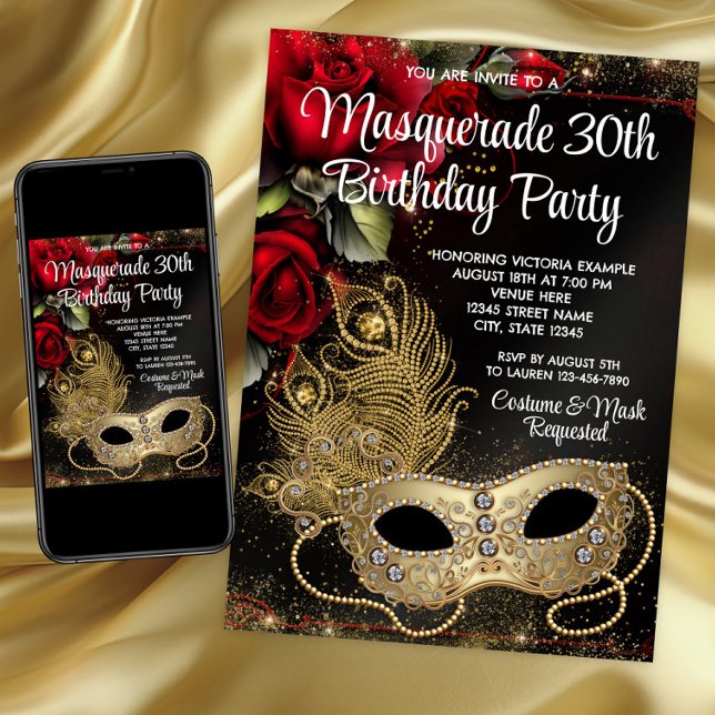 Invitation Red Gold Masquerade (Red Gold Masquerade Party Invitation. Masquerade any number invitation and event. Digital and print.)