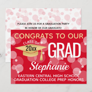 Invitation Red Gold Modern Confetti Bokeh Bubbles Graduation