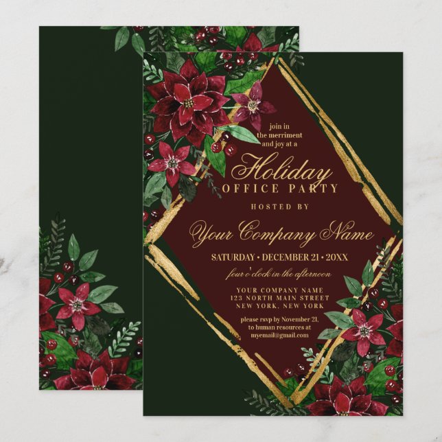 Invitation Red Gold Poinsettia Floral Corporate Fête (Devant / Derrière)