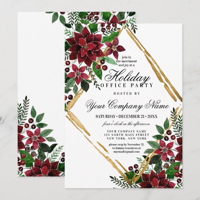 Invitation Red Gold Poinsettia Floral Corporate Fête (Devant / Derrière)