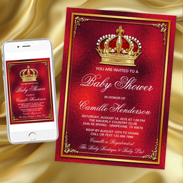 Invitation Red Gold Prince Baby shower (Red gold prince baby shower any occasion invitation. Download and printed invitations available.)