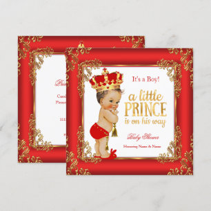 Invitation Red Gold Prince Baby shower Damask Brunette Boy