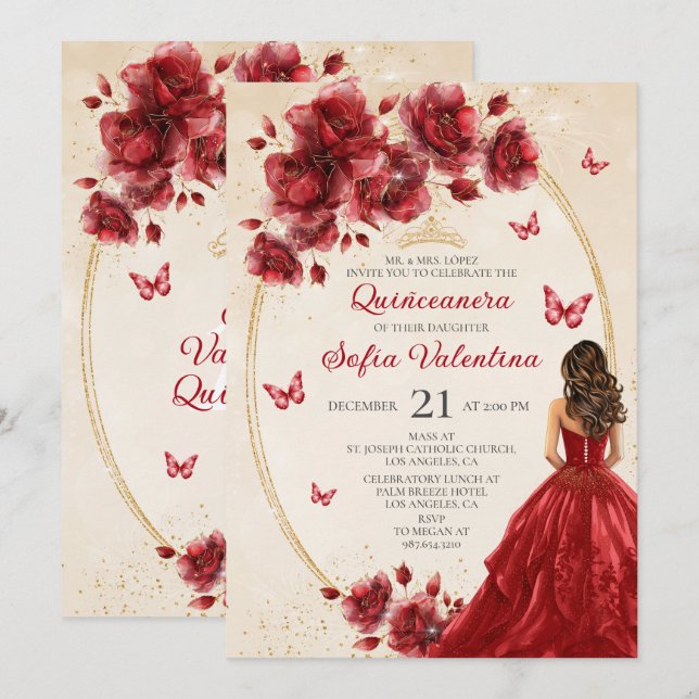 Invitation Red & Gold Quinceañera (Devant / Derrière)