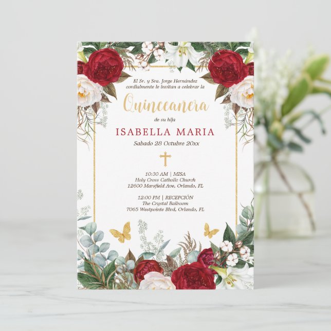 Invitation Red & Gold Quinceanera en espagnol (Debout devant)