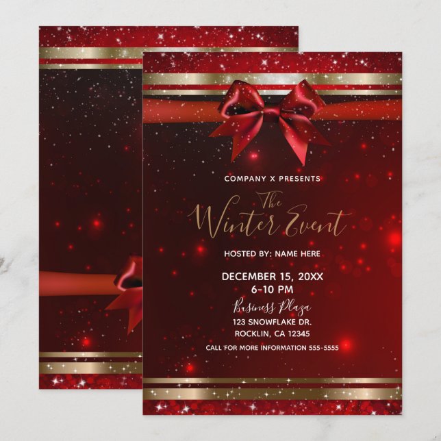 Invitation Red & Gold Sparkle Chic Bow Elegant Holiday Event (Devant / Derrière)