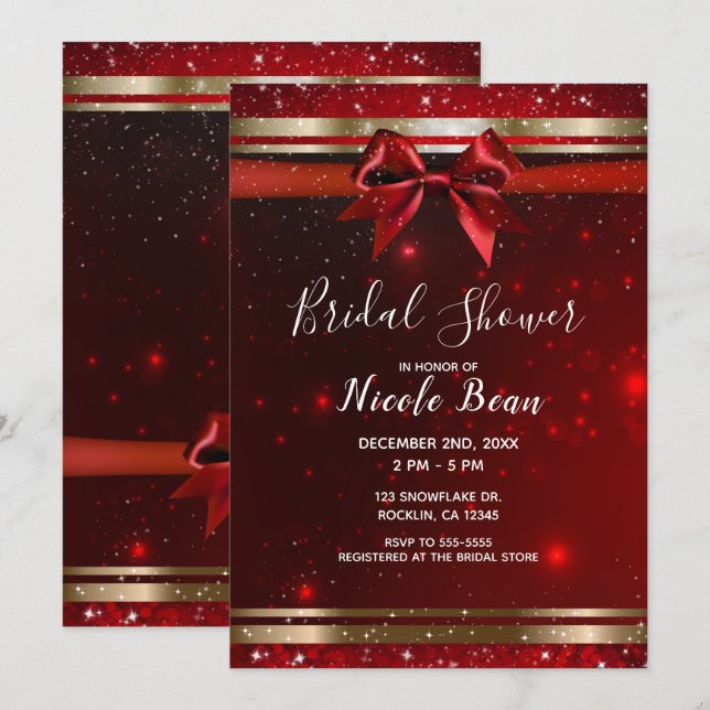 Invitation Red & Gold Sparkle Chic Bow Fête des mariées de va (Devant / Derrière)