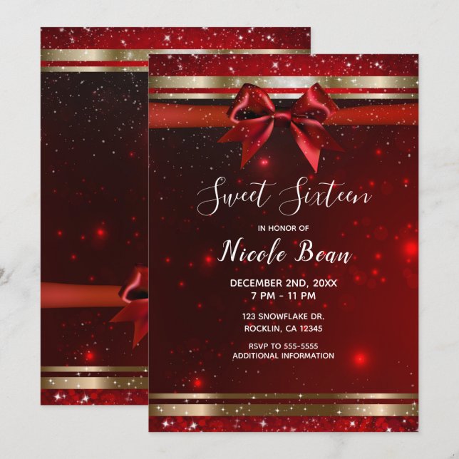 Invitation Red & Gold Sparkle Chic Bow Holiday Sweet 16 (Devant / Derrière)